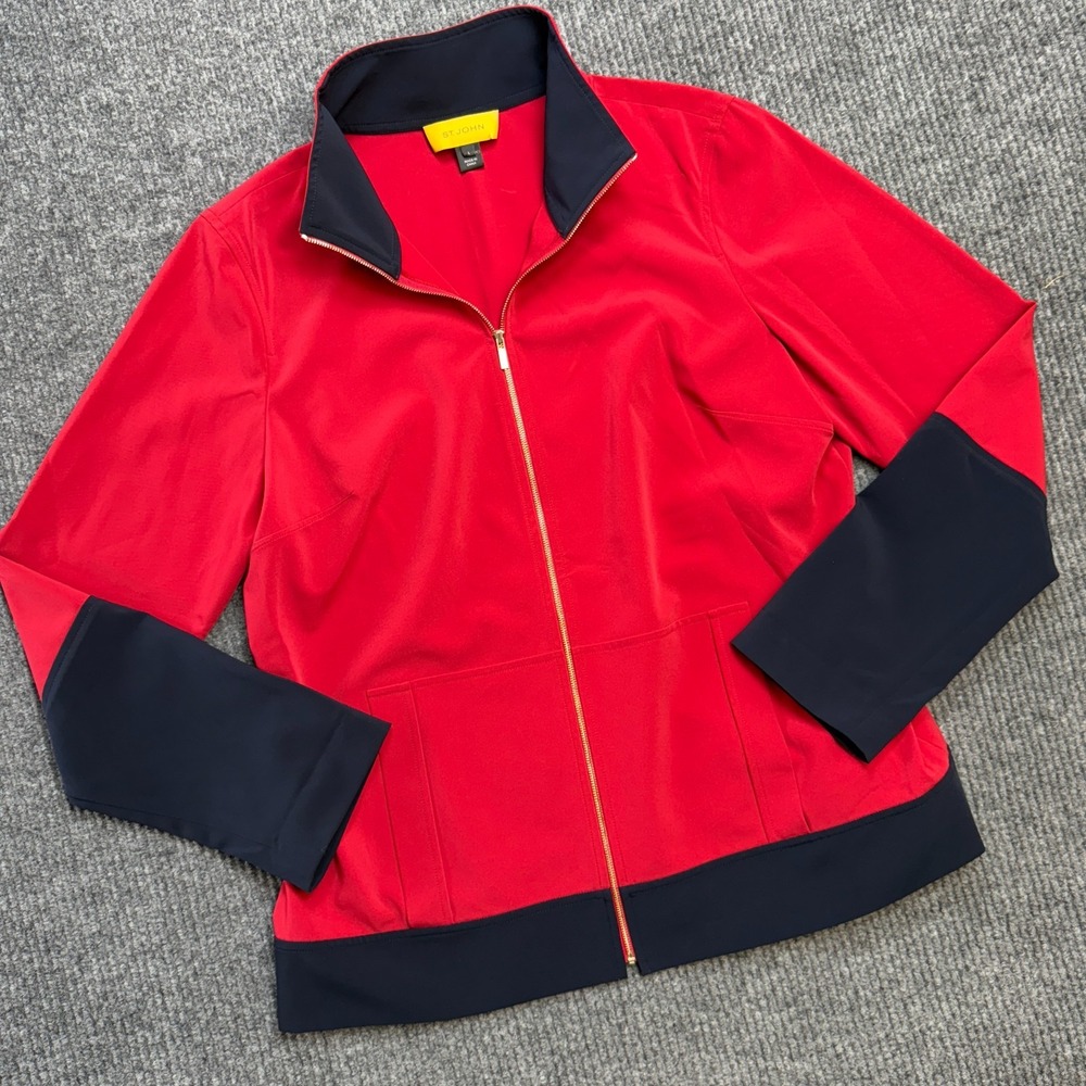 St John Jacket Womens Large Red Navy Blue Sporty Performance Windbreaker Stretch